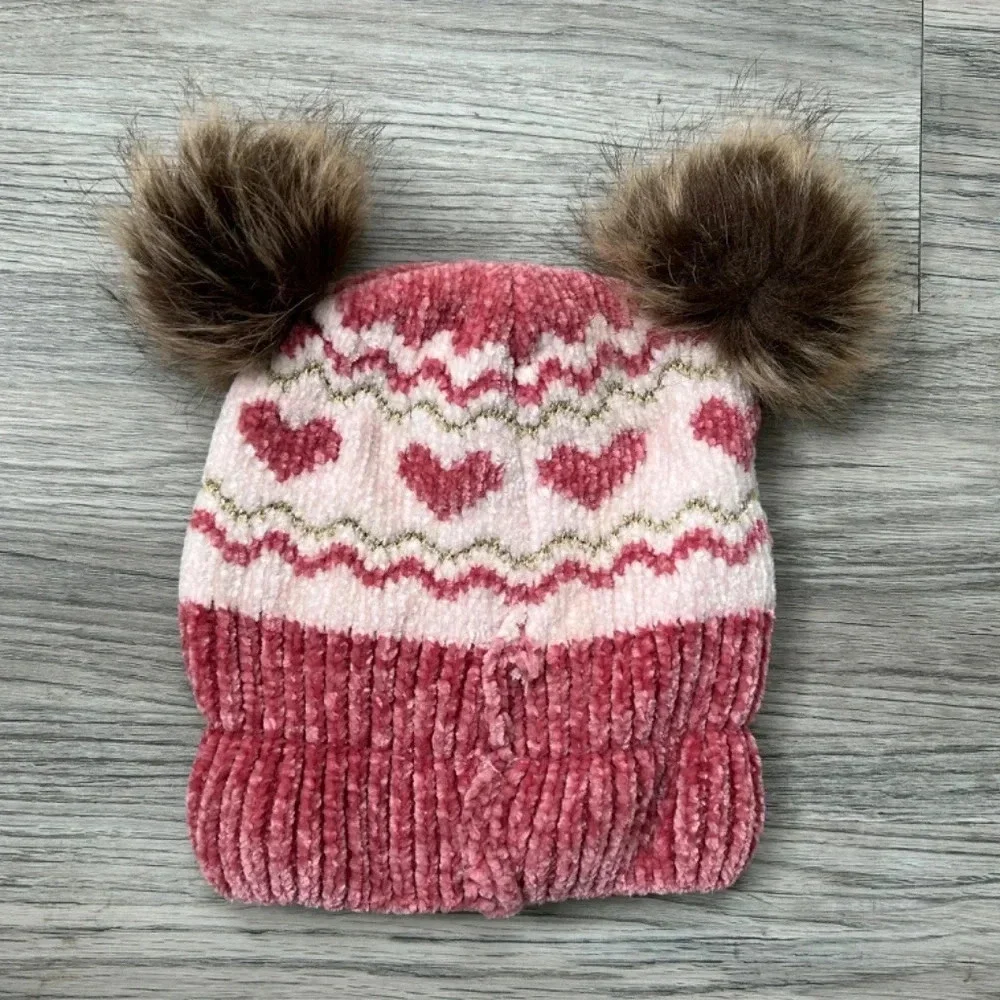 Tobys Pink and‎ White Winter Hat with Brown 